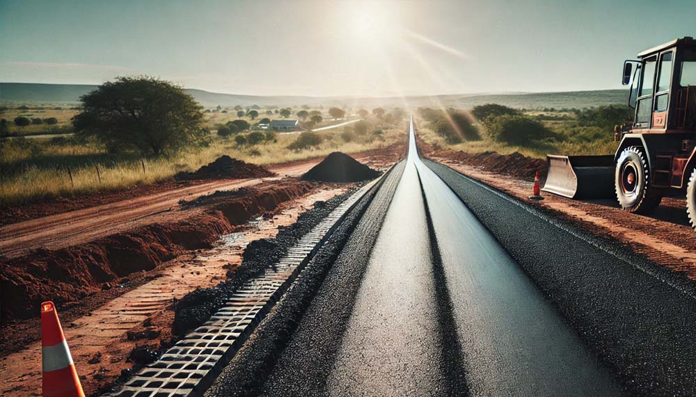 A wide view of a freshly paved road in rural South Africa, showcasing a smooth black surface as part of a tar road construction project, with minimal machinery in the distance, surrounded by grassland and trees under a sunny sky